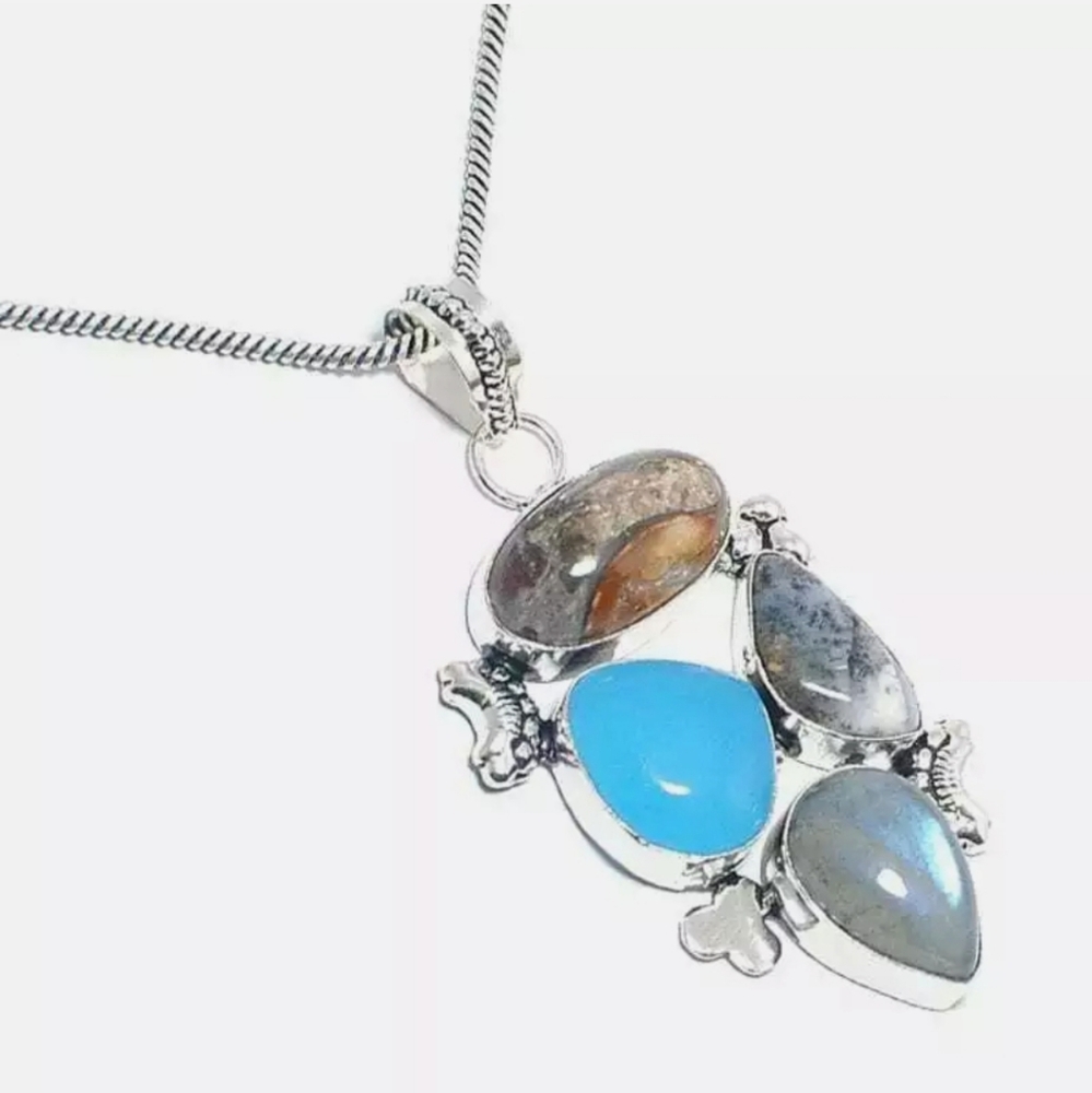 New Jasper, Labradorite, Chalcedony, Agate Silver Pendant.